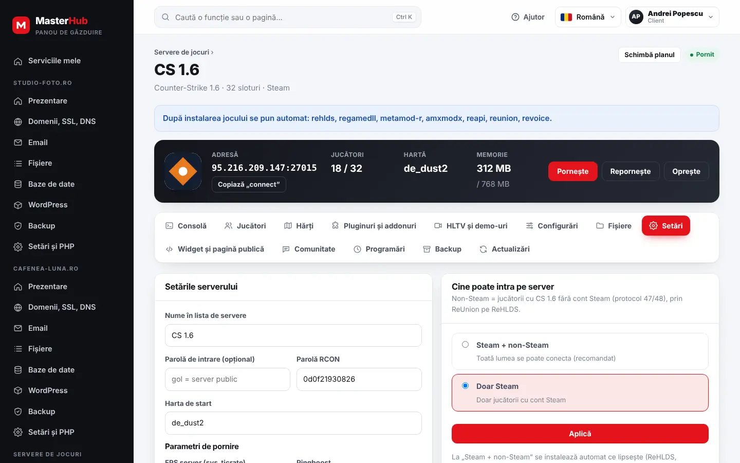 Setările serverului
