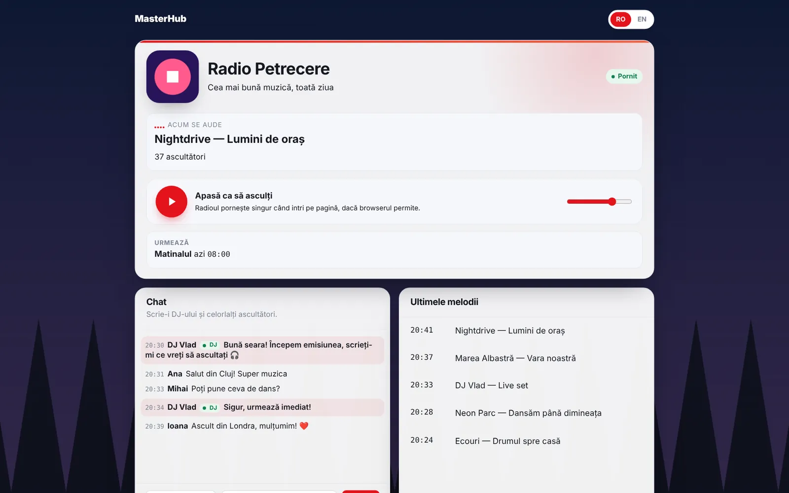 Pagina publică a radioului, cu player și chat